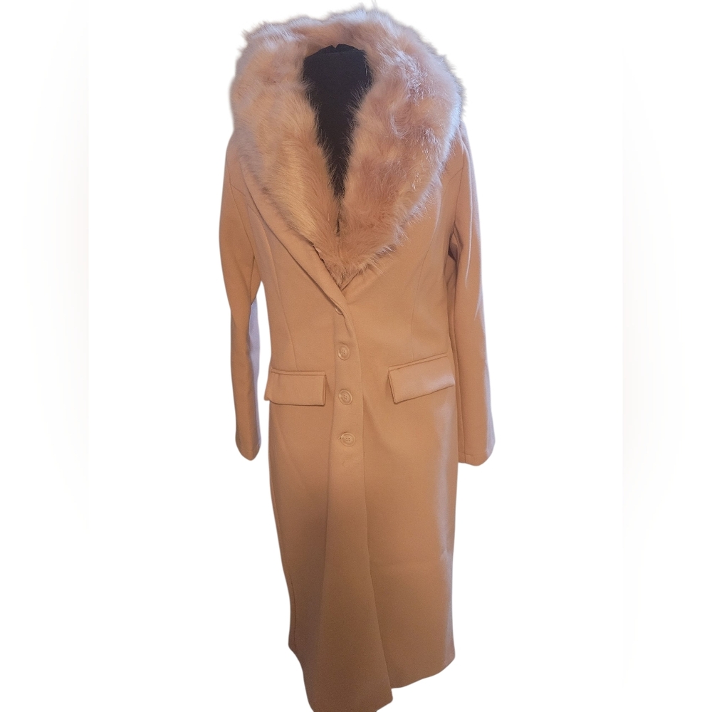 PINK New Haute Monde Tan  Fur-Trimmed Trench Coat. PINK
